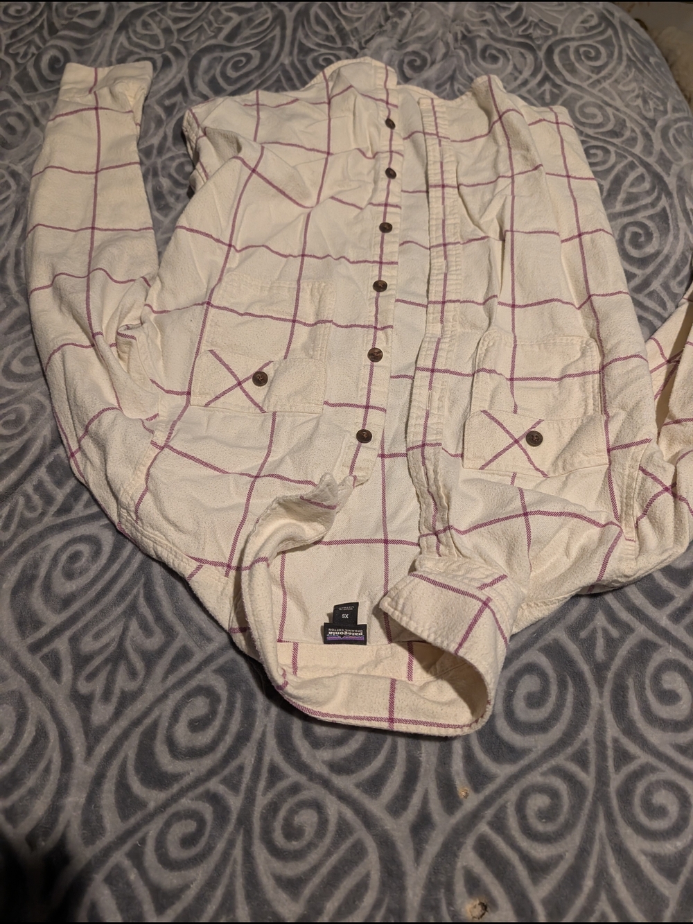 Patagonia Cream Button-Down Shirt with Purple Windowpane